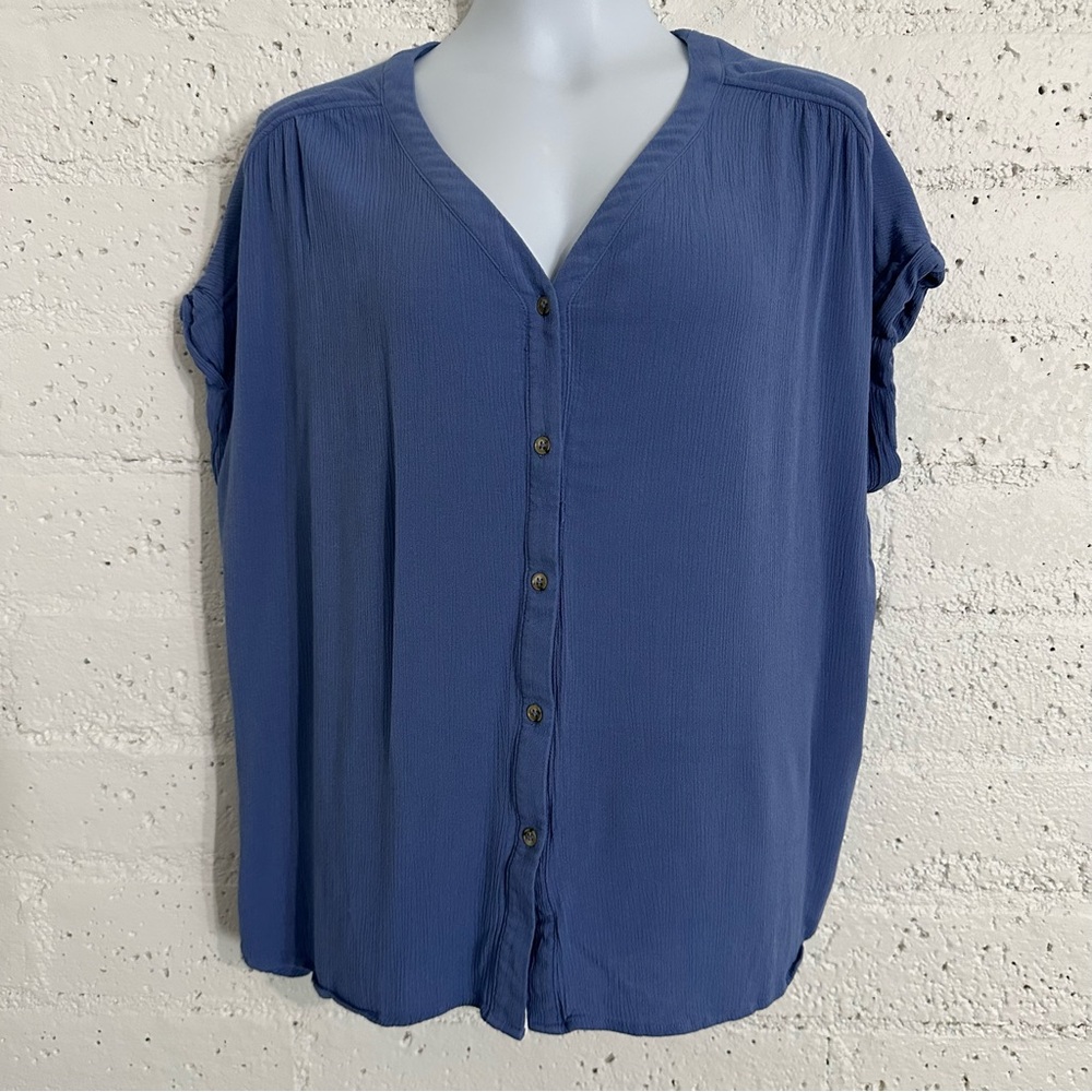 Orvis Womens Button Front Top L Blue 100% Rayon Short Cuffed Sleeve BJ7